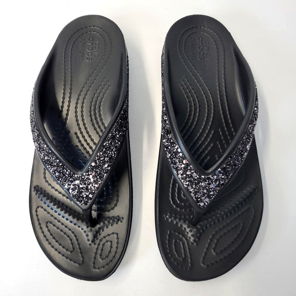 Crocs Sandals Shoes Womens Size 9 Black Glitter Wedge Flip Flop Comfort Summer - Picture 4 of 16